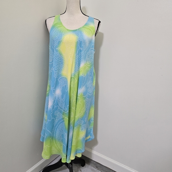 AMERICAN CROWN Sleeveless Blue Green Tie Dye Beach Vacation Flowy Boho Dress OS - Picture 1 of 15